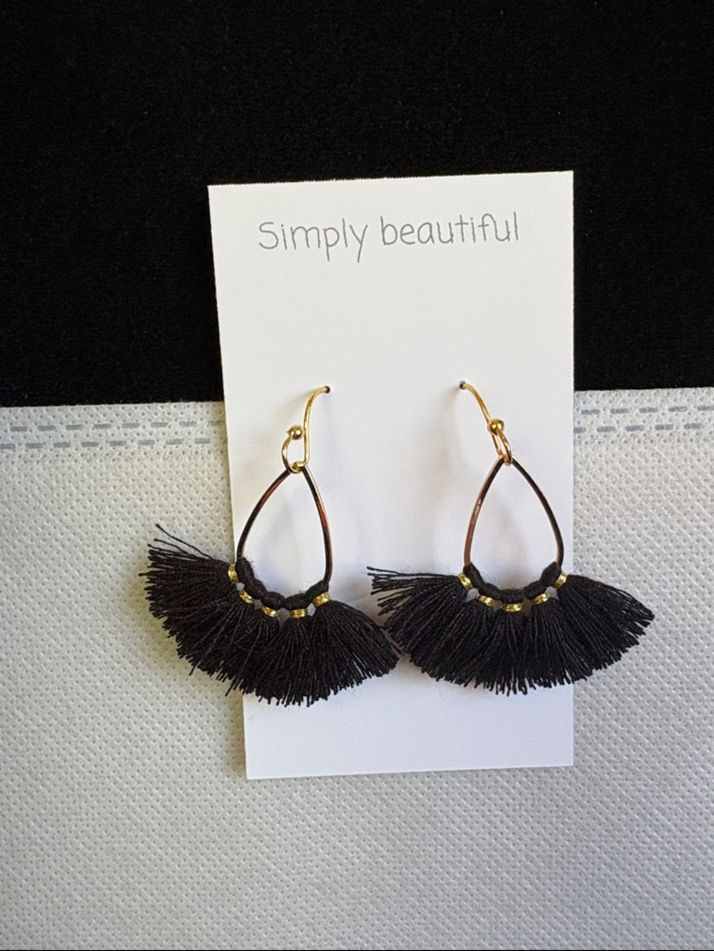 Simply Beautiful Black Fan Tassel Gold Hoop Earrings 18k gold plated Nickel Free